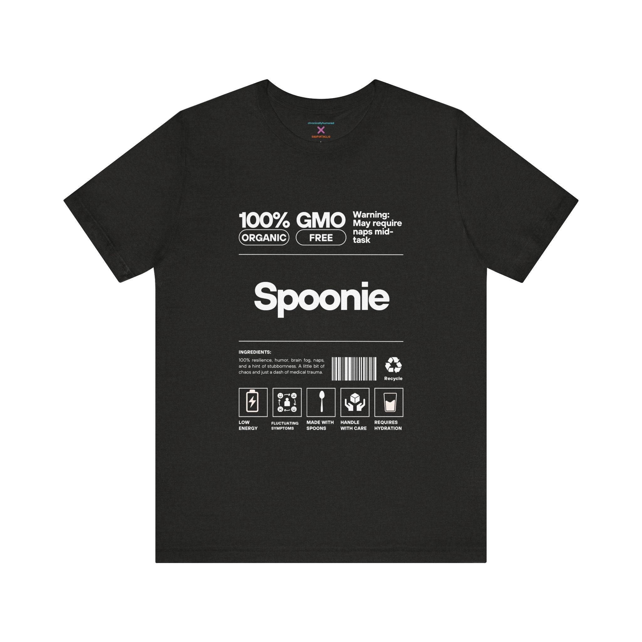 Spoonie Nutrition Label Tee – Funny Chronic Illness & Disability Awareness Shirt | XS–4X Inclusive Sizing | Chronically Humored x Shop Intaglio