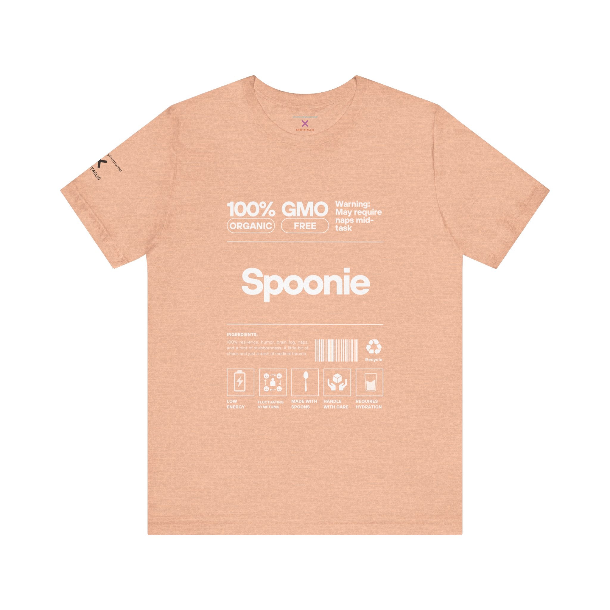Spoonie Nutrition Label Tee – Funny Chronic Illness & Disability Awareness Shirt | XS–4X Inclusive Sizing | Chronically Humored x Shop Intaglio