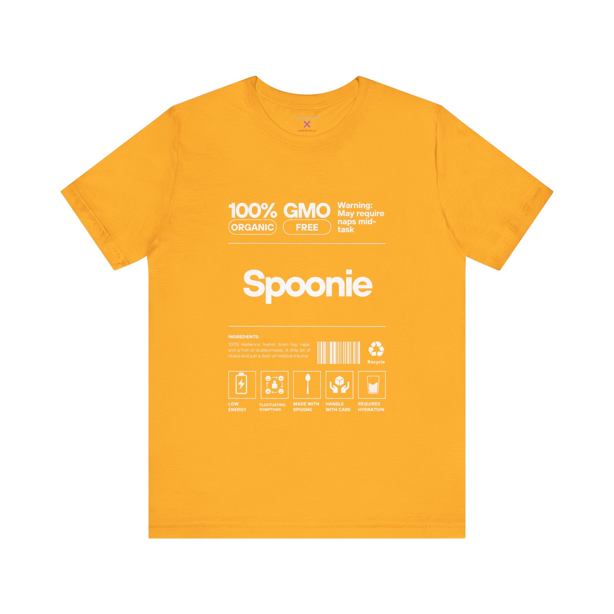 Spoonie Nutrition Label Tee – Funny Chronic Illness & Disability Awareness Shirt | XS–4X Inclusive Sizing | Chronically Humored x Shop Intaglio