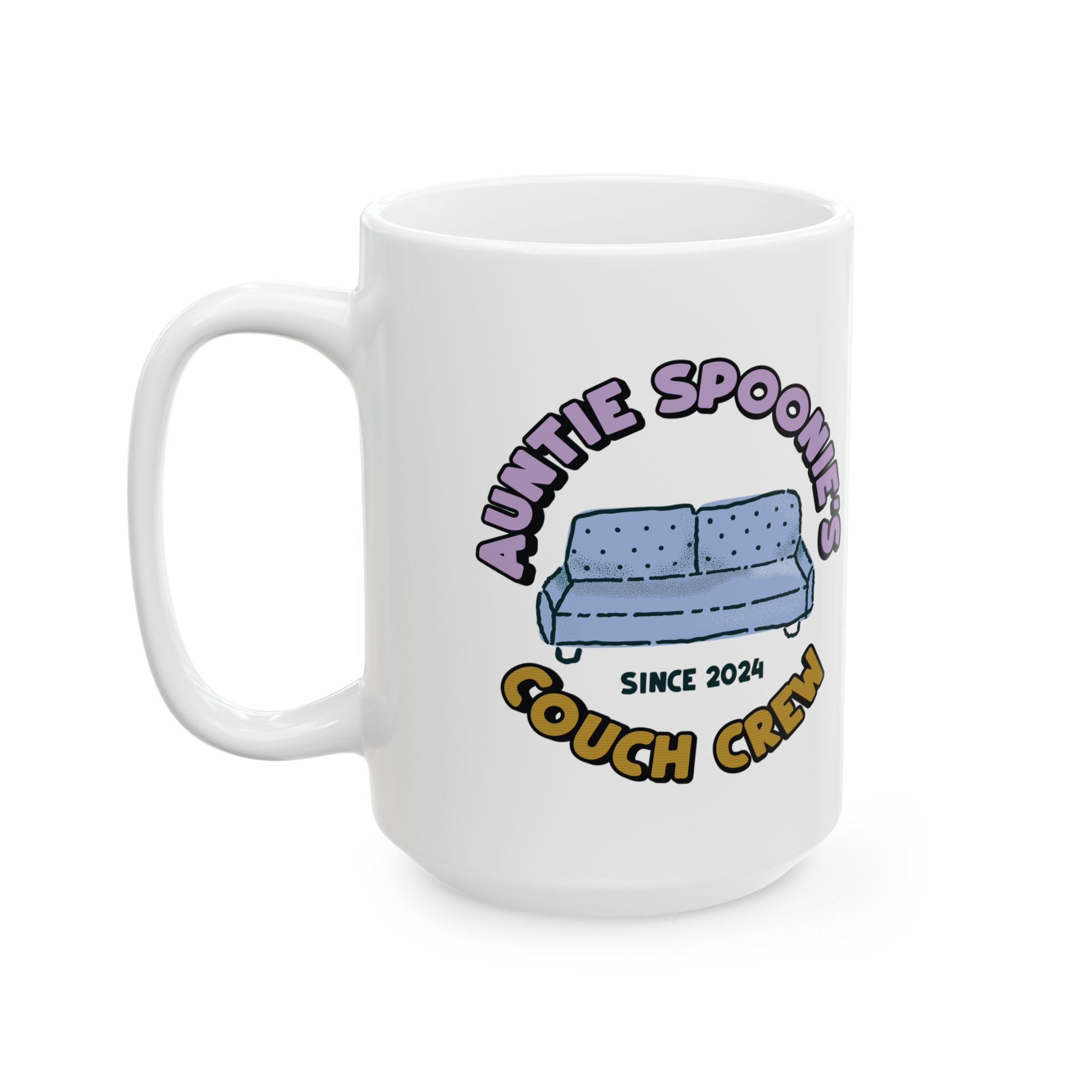 Auntie Spoonie’s Couch Crew Mug | Cozy Found Family Coffee Cup for Spoonies & Neurodivergent Folks | Chronically Humored x Shop Intaglio