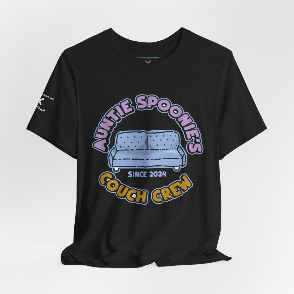 Auntie Spoonie’s Couch Crew T-Shirt | Chronically Humored x Shop Intaglio Collab | Disability & Neurodivergent Community Apparel – New XS–3X in Select Colors