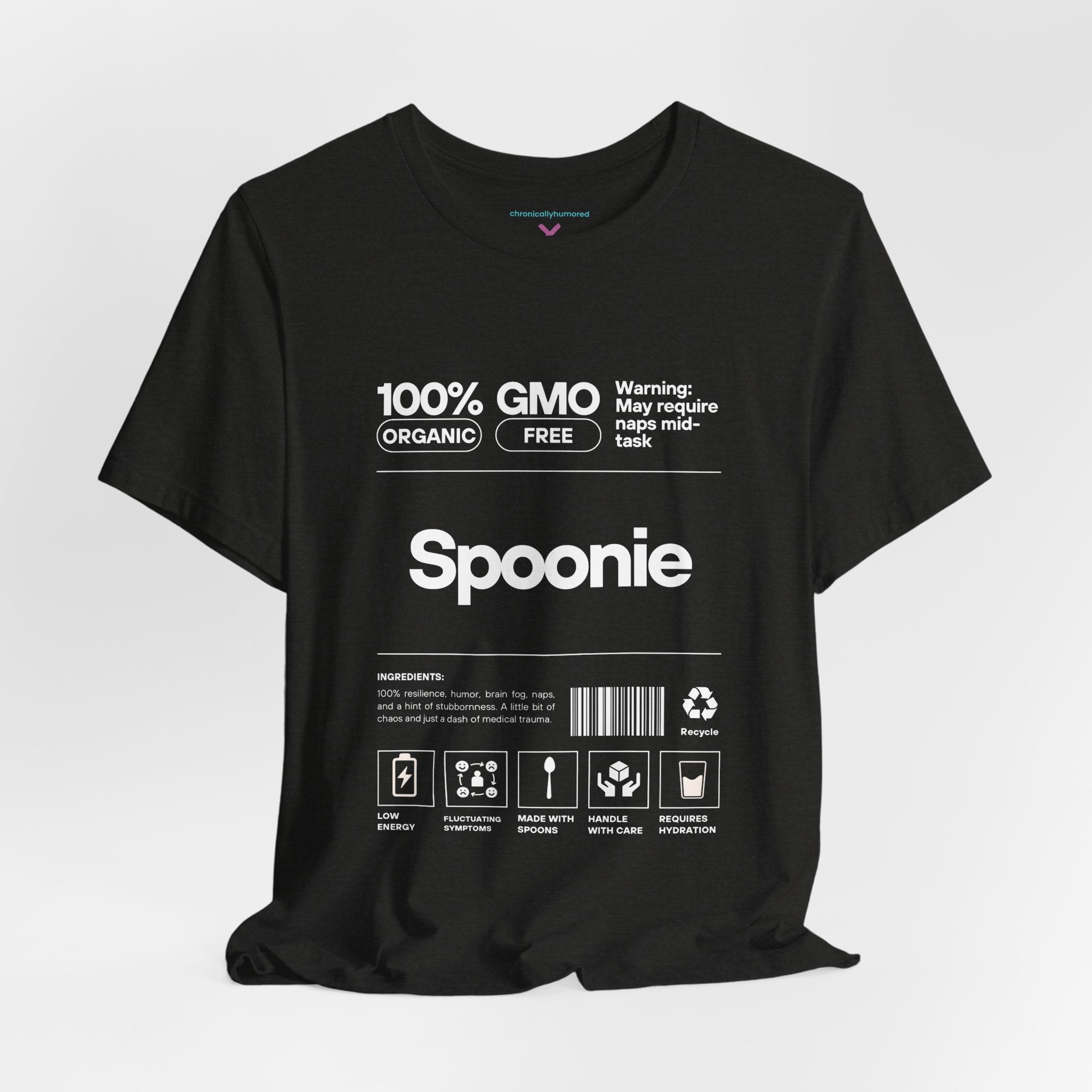 Spoonie Nutrition Label Tee – Funny Chronic Illness & Disability Awareness Shirt | XS–4X Inclusive Sizing | Chronically Humored x Shop Intaglio