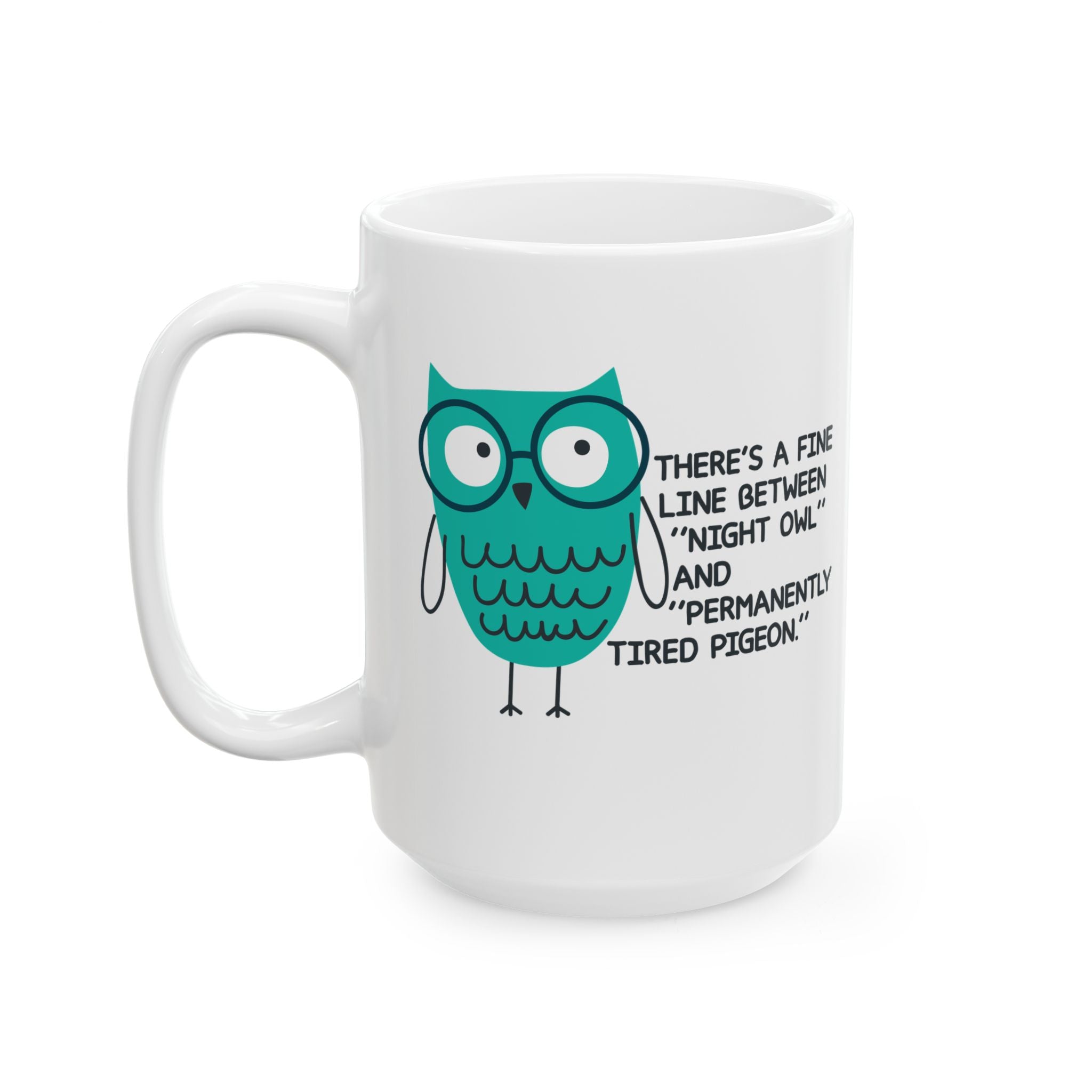 Night Owl Permanently Tired Pigeon Mug – 15oz Funny Ceramic Coffee Cup | Disability Creator Line | Chronically Humored x Shop Intaglio