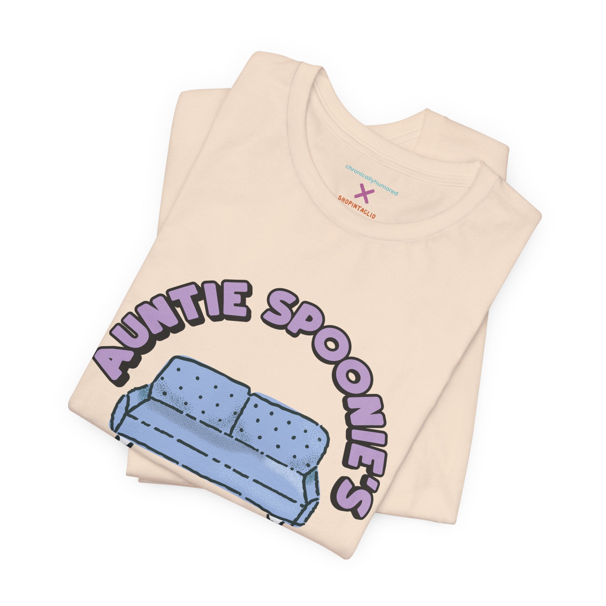 Auntie Spoonie’s Couch Crew T-Shirt | Chronically Humored x Shop Intaglio Collab | Disability & Neurodivergent Community Apparel – New XS–3X in Select Colors