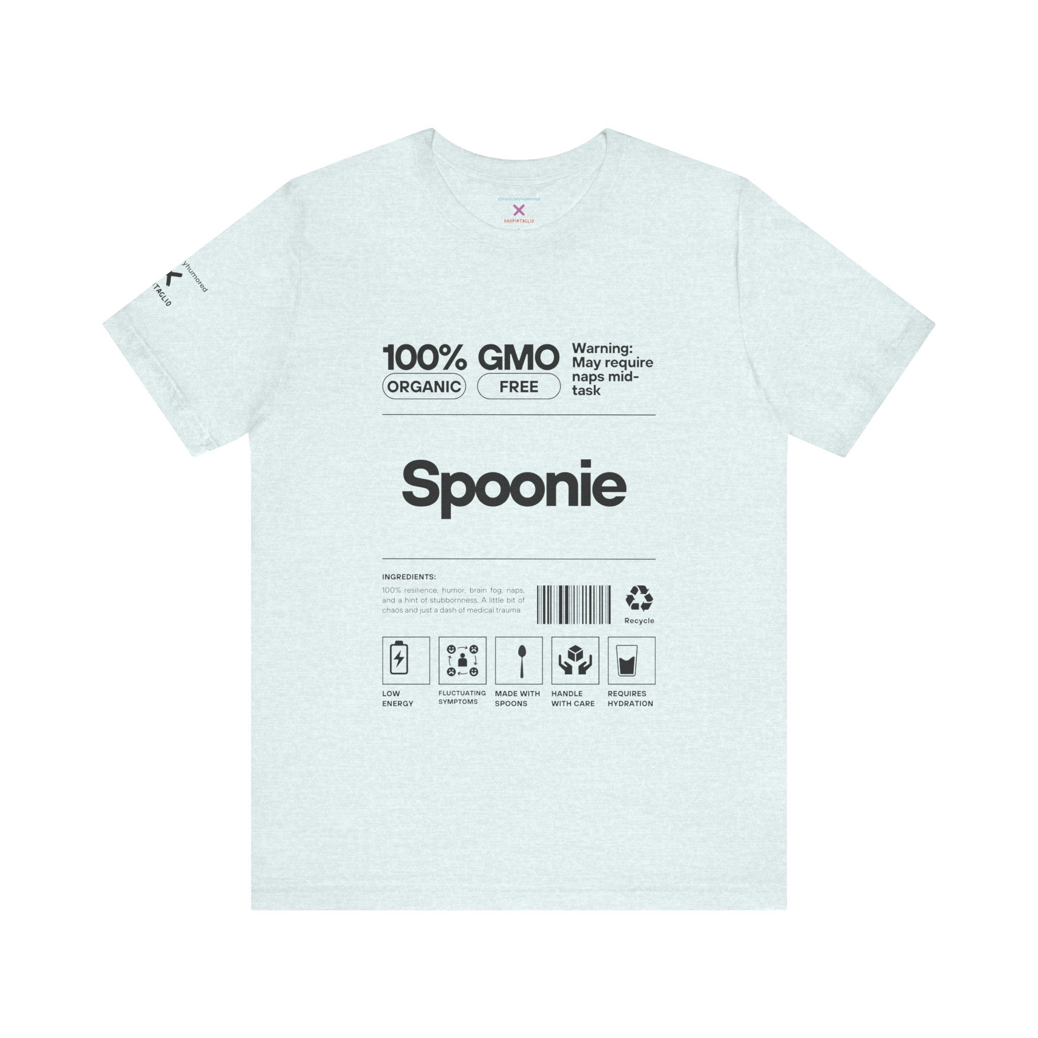 Spoonie Nutrition Label Tee – Funny Chronic Illness & Disability Awareness Shirt | XS–4X Inclusive Sizing | Chronically Humored x Shop Intaglio
