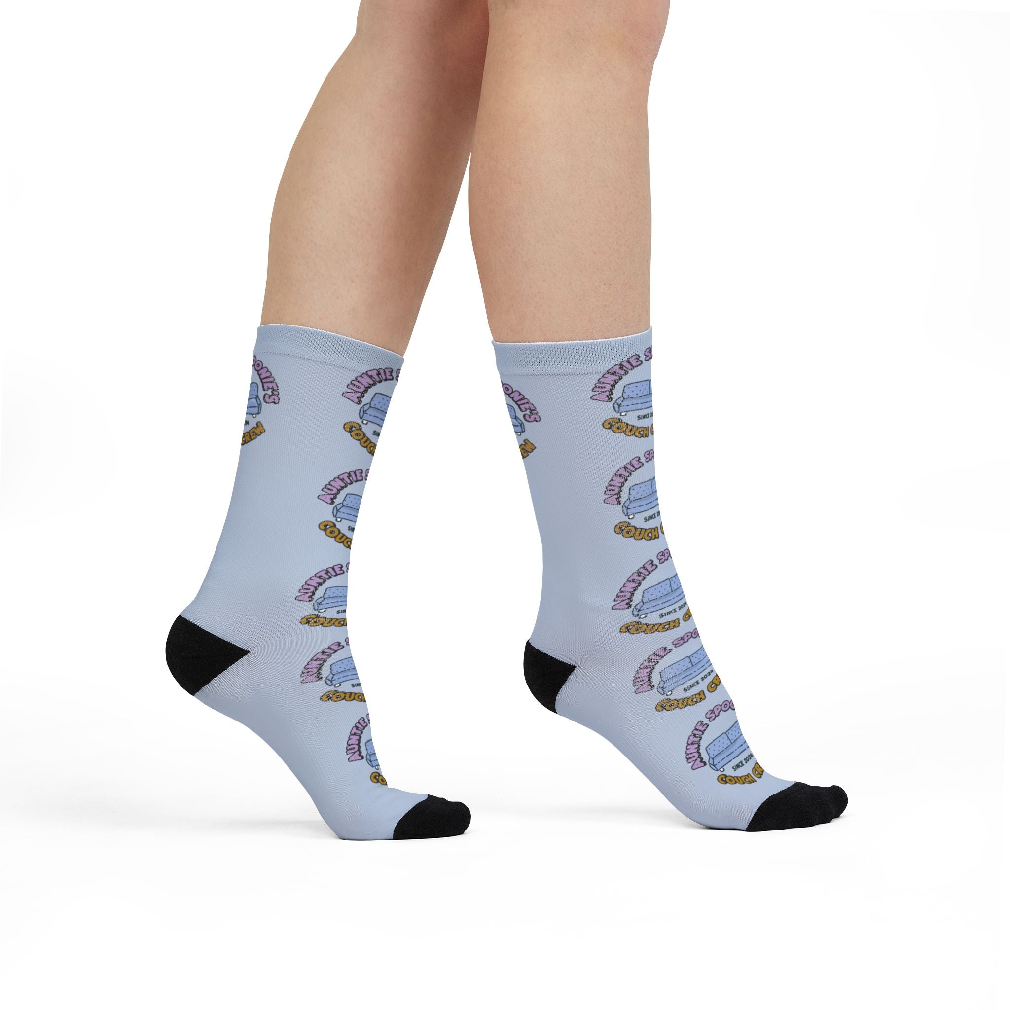 Auntie Spoonie’s Couch Crew Socks – Cozy Crew-Length Printed Socks by Chronically Humored x Shop Intaglio