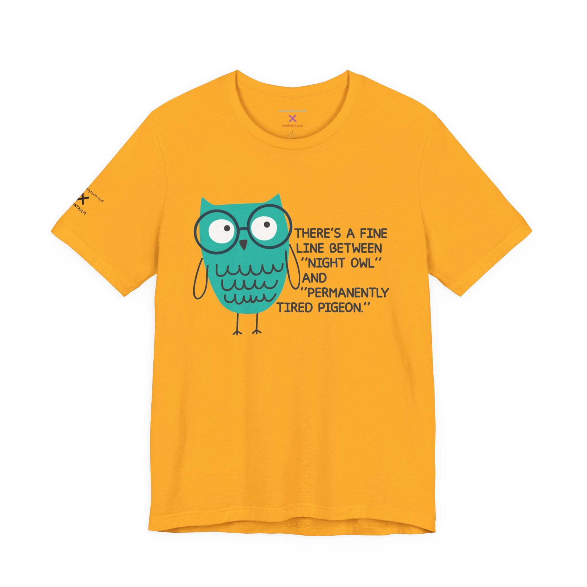Night Owl vs. Permanently Tired Pigeon Tee – Chronically Humored x Shop Intaglio | Funny Exhaustion & Disability-Inclusive Shirt (Bella Canvas 3001, XS–4X in Select Colors)