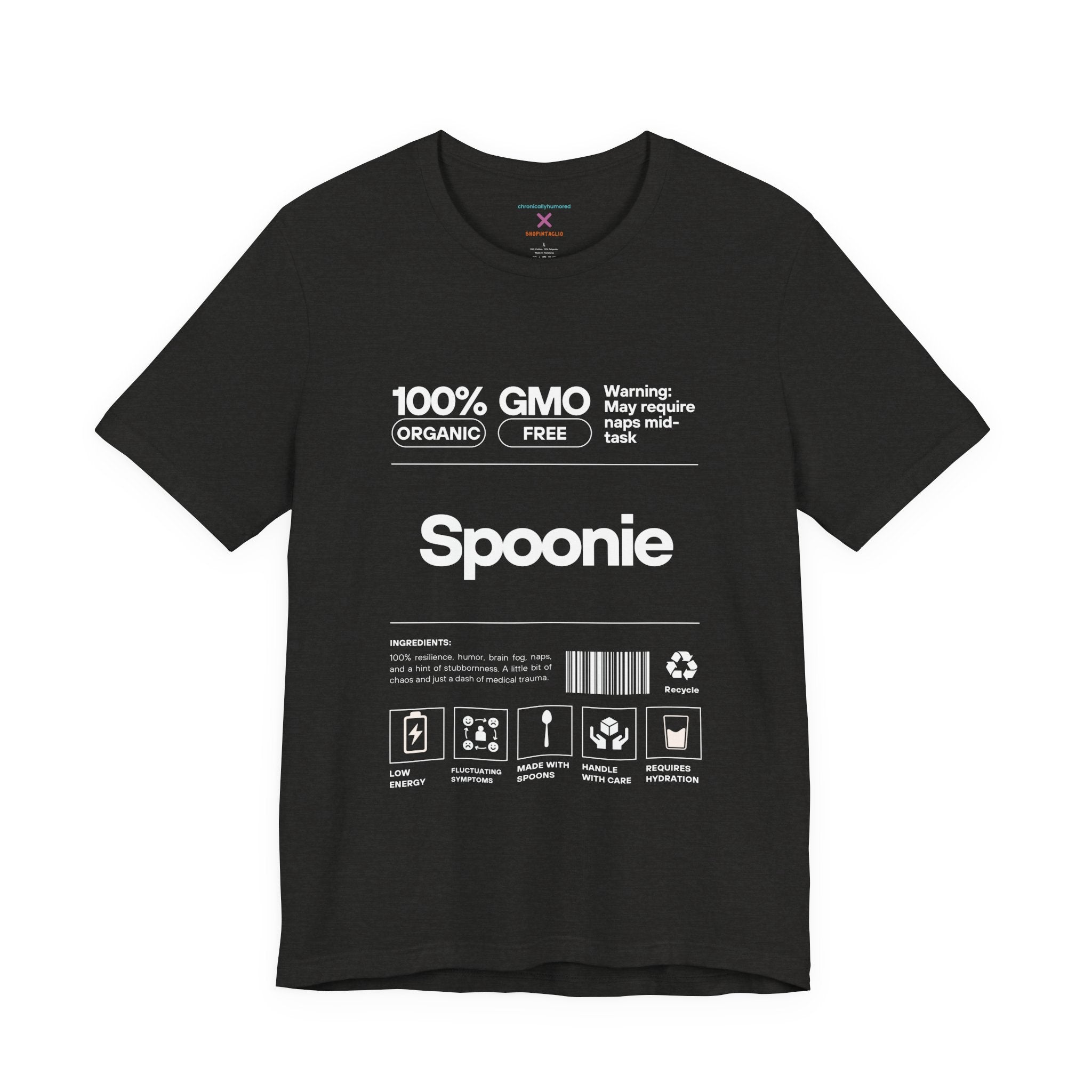 Spoonie Nutrition Label Tee – Funny Chronic Illness & Disability Awareness Shirt | XS–4X Inclusive Sizing | Chronically Humored x Shop Intaglio