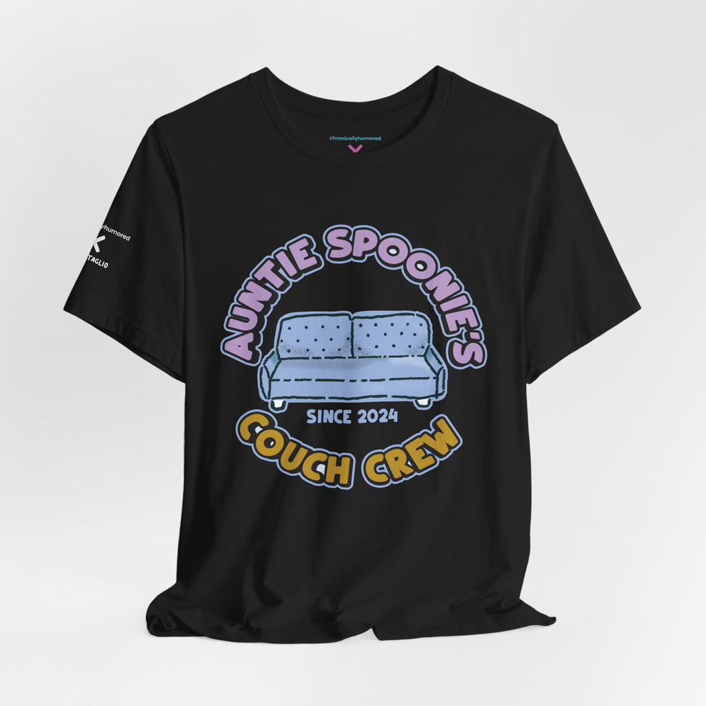 Auntie Spoonie’s Couch Crew T-Shirt | Chronically Humored x Shop Intaglio Collab | Disability & Neurodivergent Community Apparel – New XS–3X in Select Colors