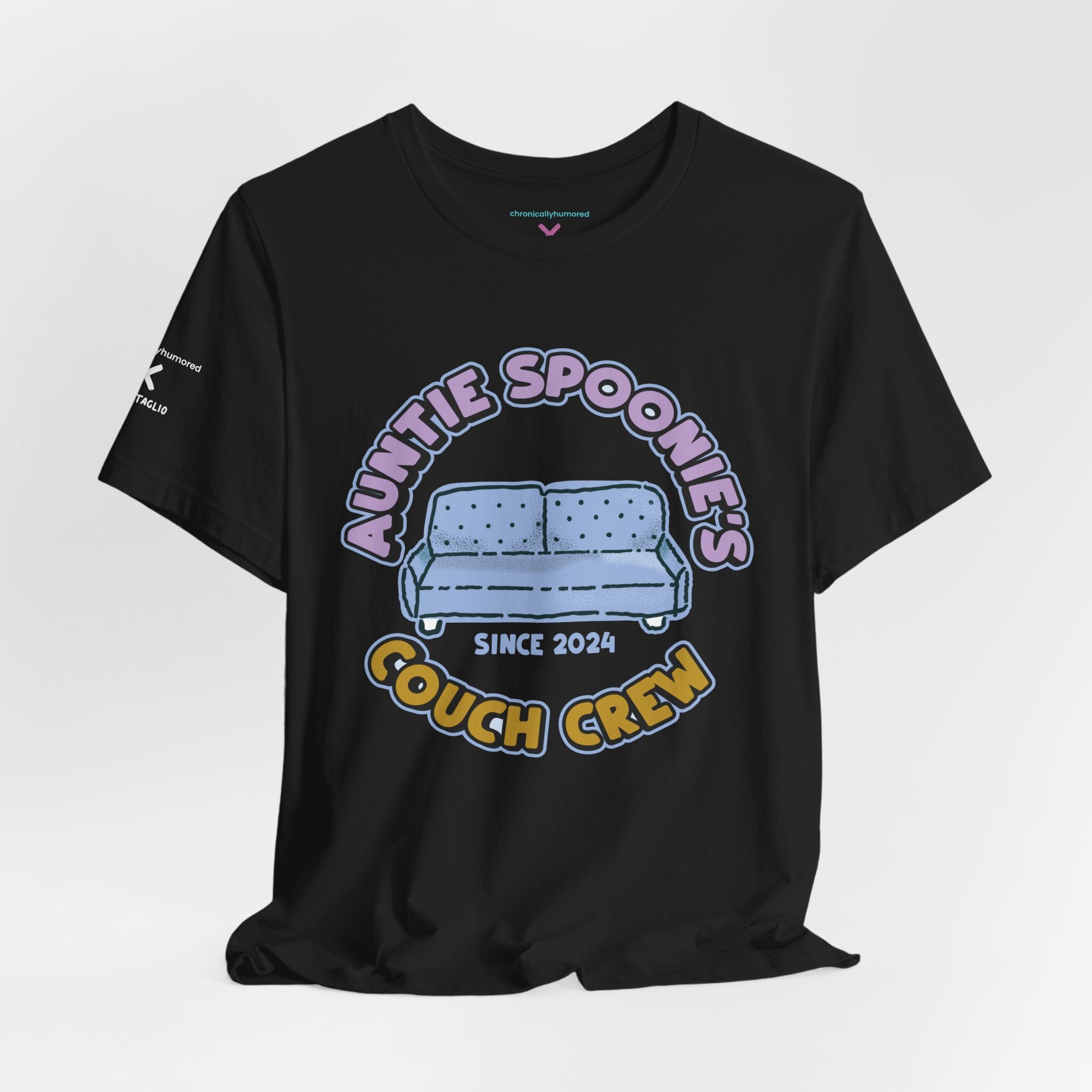Auntie Spoonie’s Couch Crew T-Shirt | Chronically Humored x Shop Intaglio Collab | Disability & Neurodivergent Community Apparel – New XS–3X in Select Colors