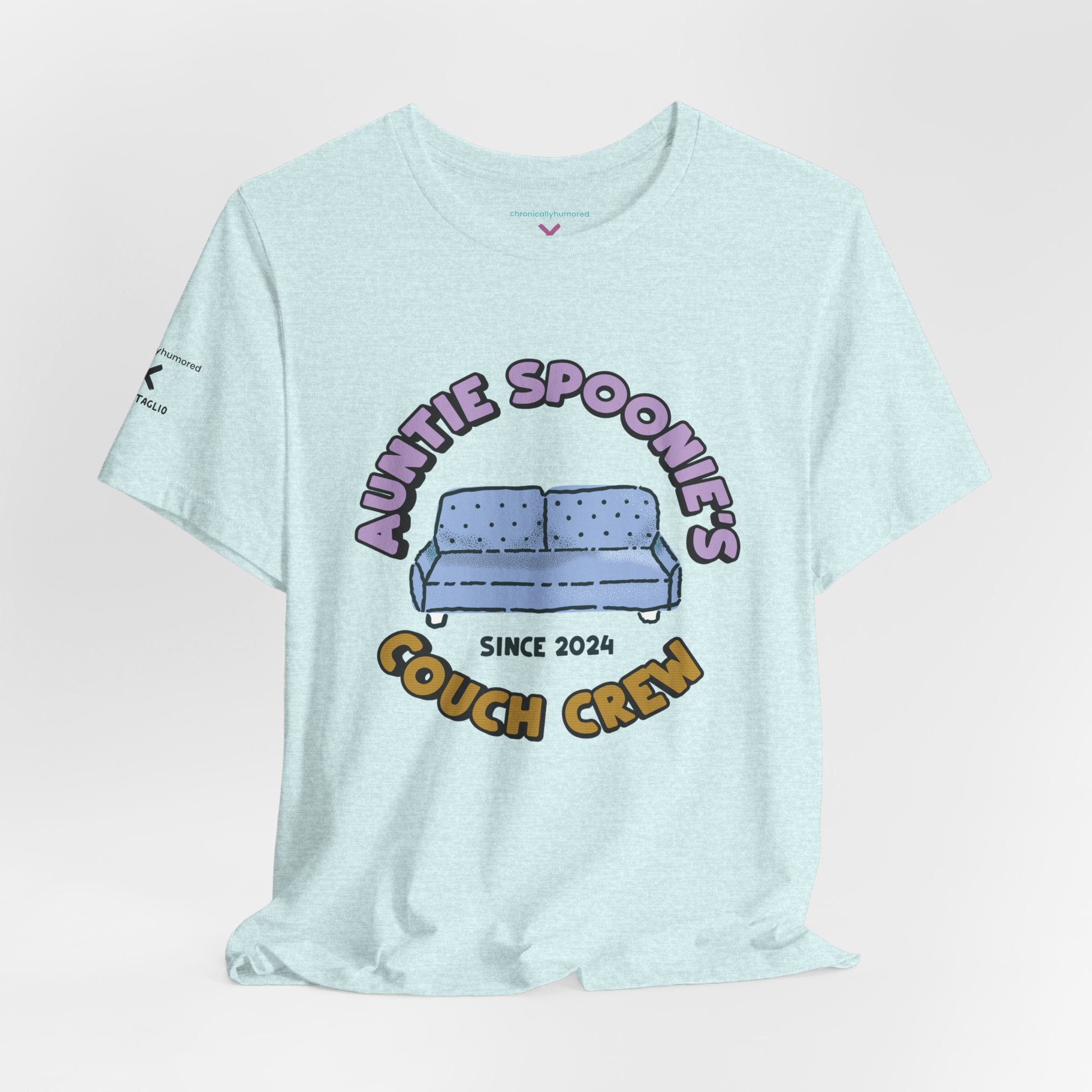 Auntie Spoonie’s Couch Crew T-Shirt | Chronically Humored x Shop Intaglio Collab | Disability & Neurodivergent Community Apparel – New XS–3X in Select Colors