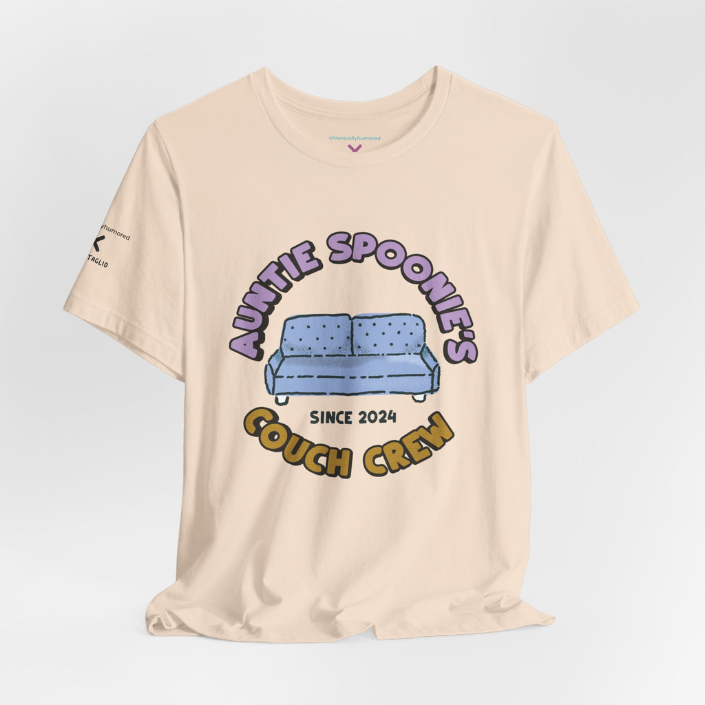 Auntie Spoonie’s Couch Crew T-Shirt | Chronically Humored x Shop Intaglio Collab | Disability & Neurodivergent Community Apparel – New XS–3X in Select Colors