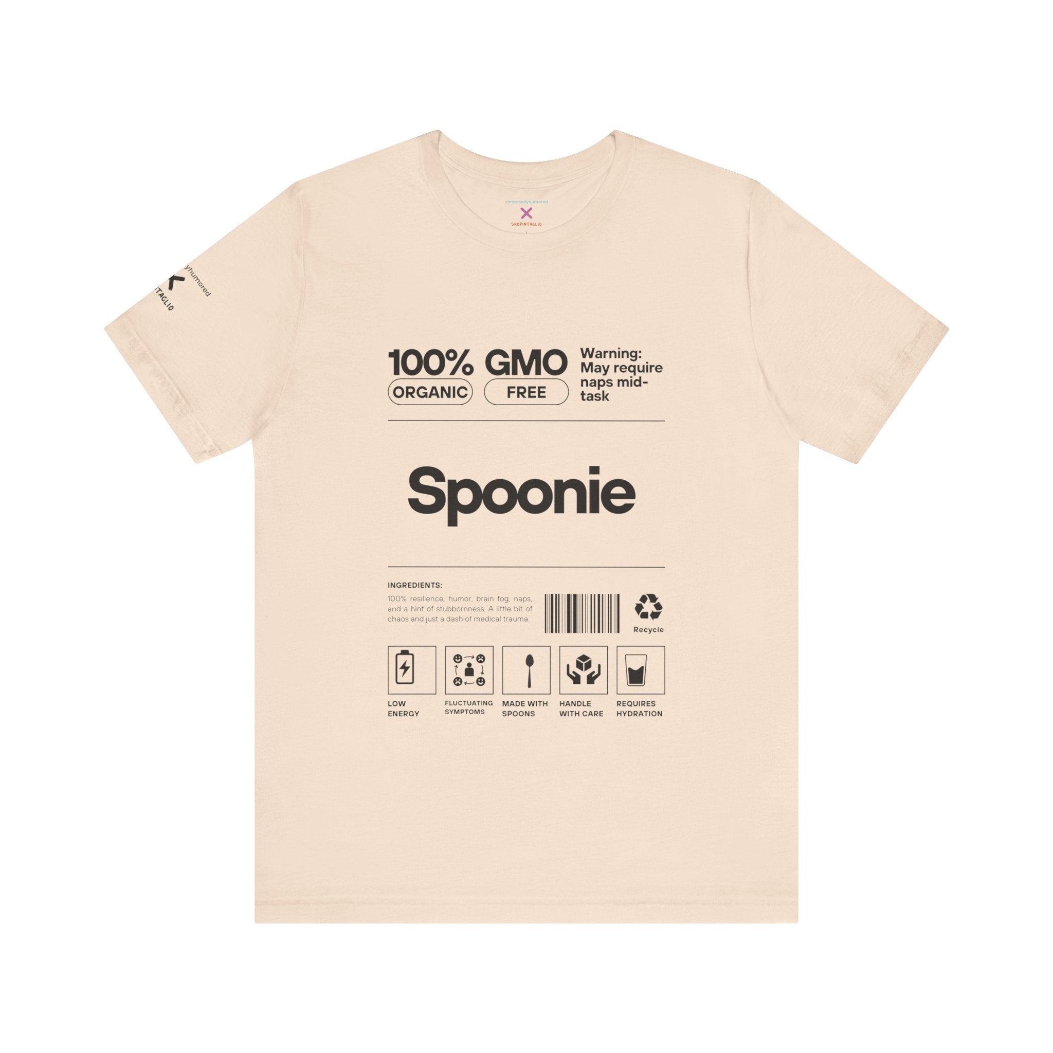 Spoonie Nutrition Label Tee – Funny Chronic Illness & Disability Awareness Shirt | XS–4X Inclusive Sizing | Chronically Humored x Shop Intaglio