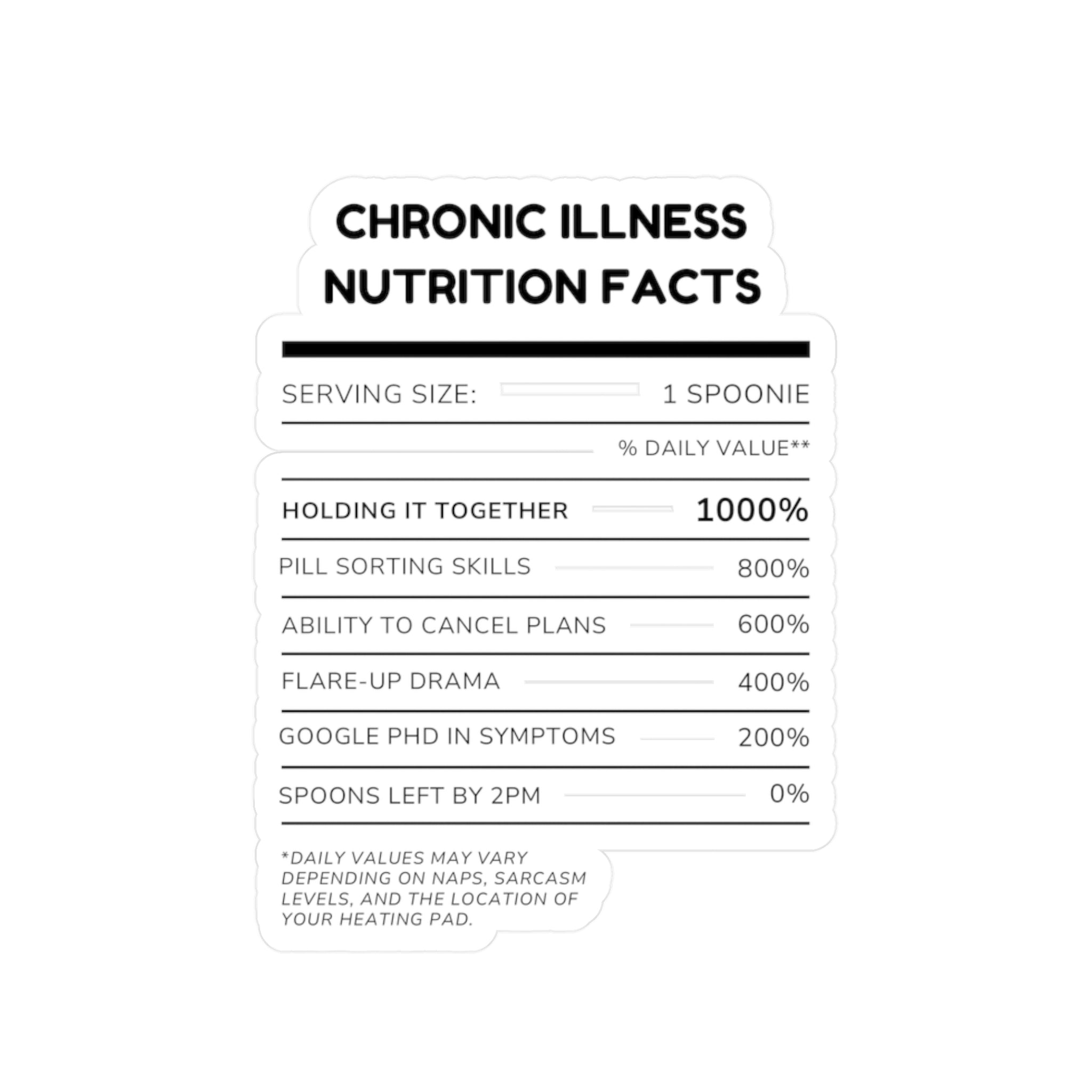 Chronic Illness Nutrition Facts Sticker – Chronically Humored x Shop Intaglio, Auntie Spoonie Spoonie Humor Decal, Disabled Business, Chronic Illness Awareness