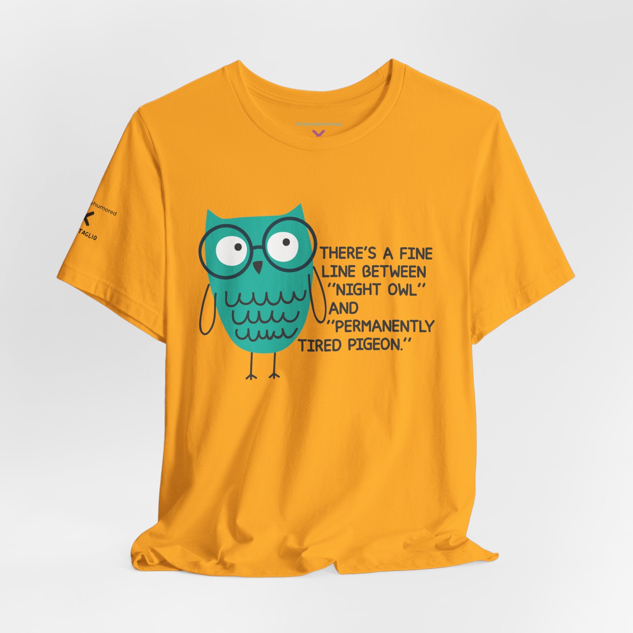 Night Owl vs. Permanently Tired Pigeon Tee – Chronically Humored x Shop Intaglio | Funny Exhaustion & Disability-Inclusive Shirt (Bella Canvas 3001, XS–4X in Select Colors)